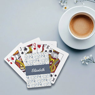 Blue Watercolor Botanical Pattern Custom Name Playing Cards