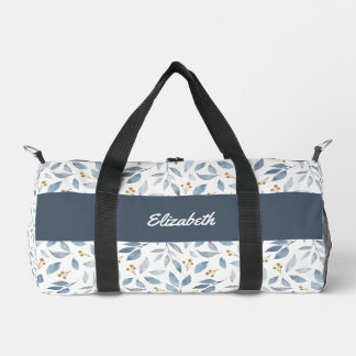 Blue Watercolor Botanical Pattern Name Duffle Bag