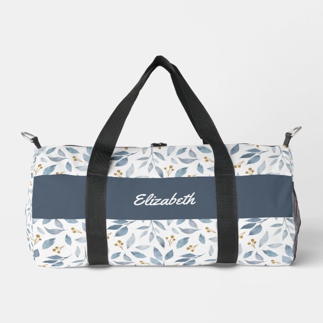 Blue Watercolor Botanical Pattern Name Duffle Bag (Front)