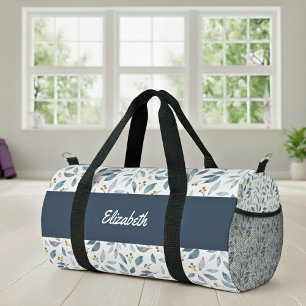 Blue Watercolor Botanical Pattern Name Duffle Bag