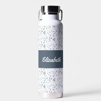 Blue Watercolor Botanical Pattern Name Water Bottle