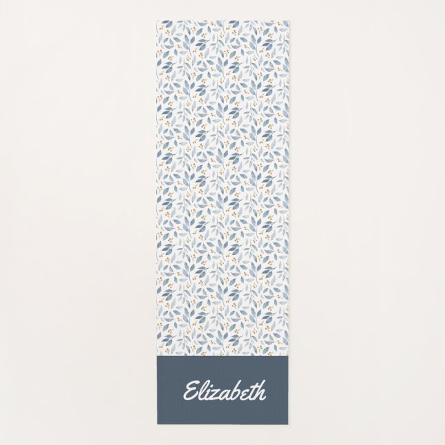 Blue Watercolor Botanical Pattern Name Yoga Mat (Front)