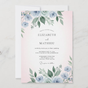 Blue Watercolor Botanical Romance Wedding Invitation