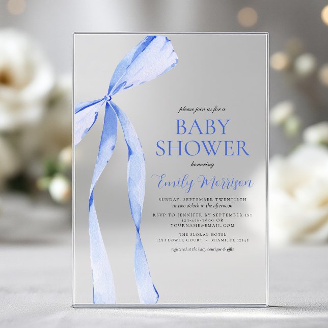 Blue Watercolor Bow Boy Baby Shower Acrylic Invitations (Creator Uploaded)