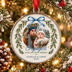 Blue Watercolor Bow Engagement Garland Photo Metal Ornament