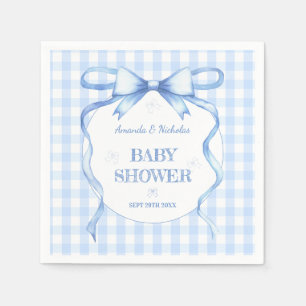 Blue Watercolor Bow Gingham Baby Boy Shower Napkin