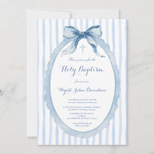 Blue Watercolor Bow & Stripe Baptism Invitation