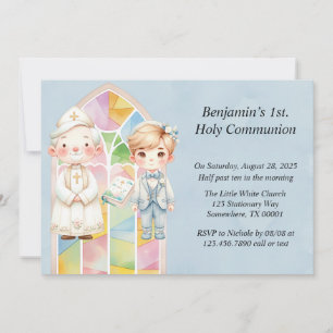 Blue Watercolor Boy 1st. Communion  Invitation
