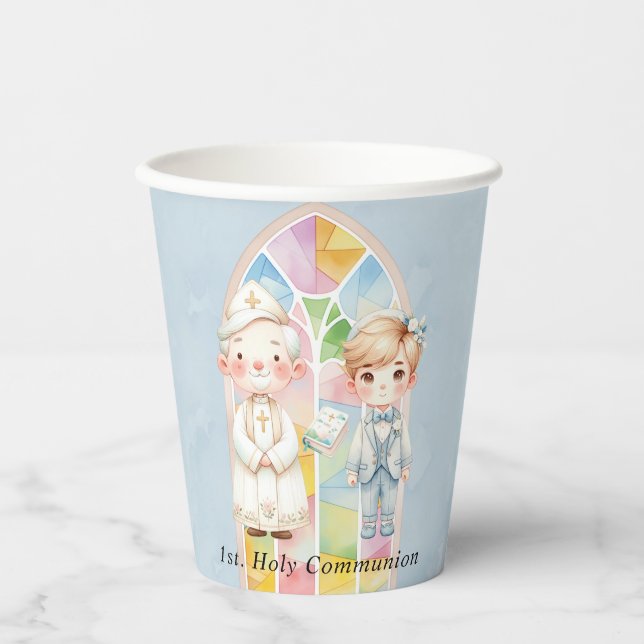 Blue Watercolor Boy 1st. Communion  Paper Cups (Front)