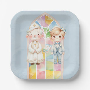 Blue Watercolor Boy 1st. Communion  Paper Plate