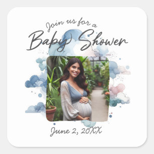 Blue Watercolor Boy Baby Shower Custom Photo Text Square Sticker