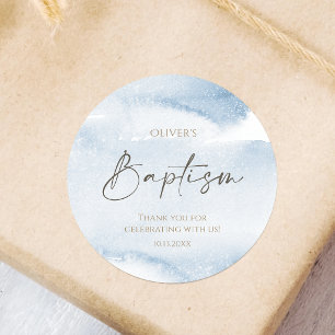 Blue Watercolor Boy Baptism Classic Round Sticker