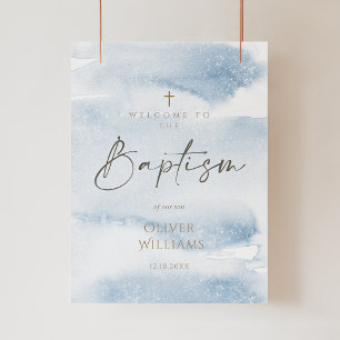 Blue Watercolor Boy Baptism Welcome Poster
