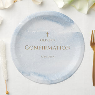 Blue Watercolor Boy Confirmation Paper Plates