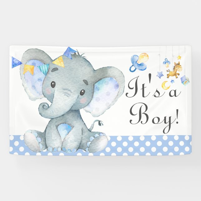 Blue Watercolor Boy Elephant Baby Shower Banner (Horizontal)