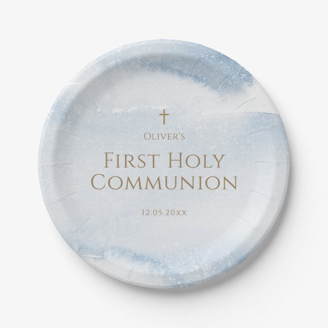 Blue Watercolor Boy First Communion Paper Plates (Front)