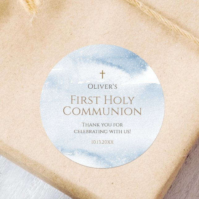 Blue Watercolor Boy First Communion Round Sticker (Blue Watercolor Boy First Communion Round Sticker)