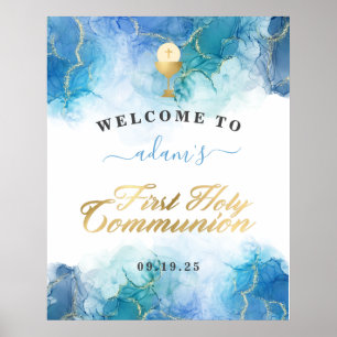 Blue Watercolor Boy First Holy Communion Welcome Poster