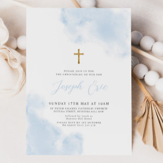 Blue Watercolor Boy Gold Cross Christening Baptism Invitation