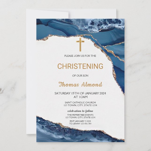 Blue Watercolor Boys Gold CHRISTENING Invitation (Front)