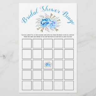 Blue watercolor bridal shower bingo game card
