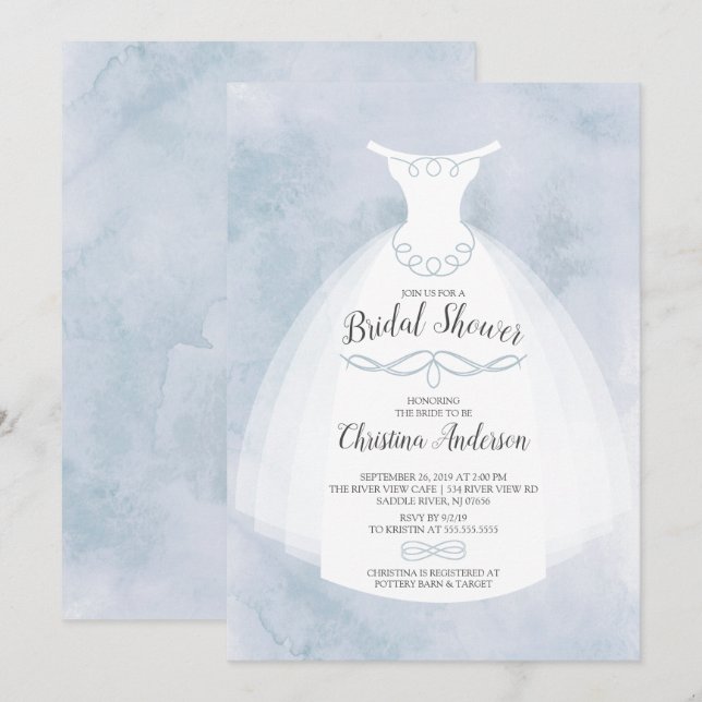 Blue Watercolor Bride Gown Bridal Shower Invitation (Front/Back)
