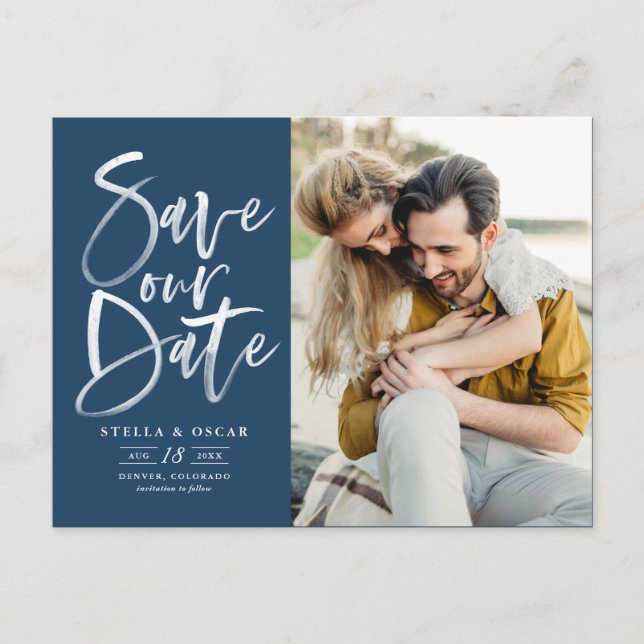 Blue Watercolor Brush Calligraphy Save Our Date Announcement Postcard (Front)