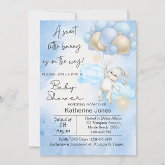 Blue Watercolor Bunny Rabbit Balloons Baby Shower  Invitation