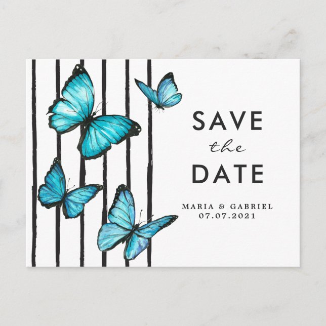 Blue watercolor butterflies Modern save the date Invitation Postcard (Front)