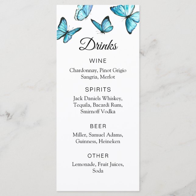 Blue watercolor butterflies. Simple wedding Bar Me Menu (Front)