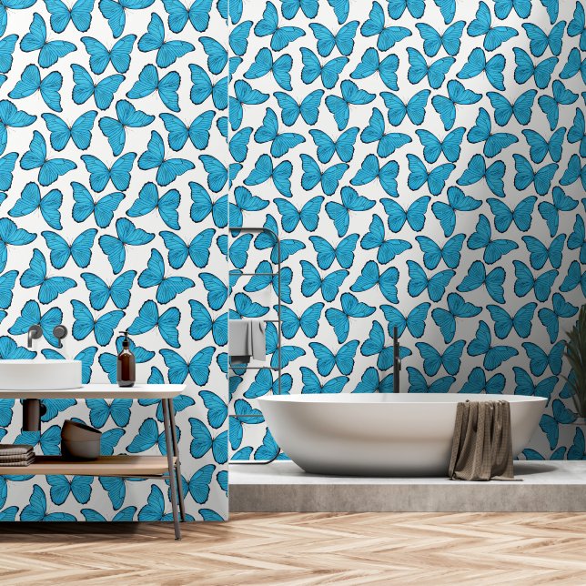 Blue Watercolor Butterflies Wallpaper (Bathroom)