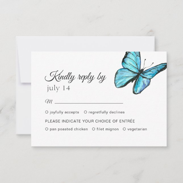 Blue watercolor butterflies wedding RSVP Card (Front)