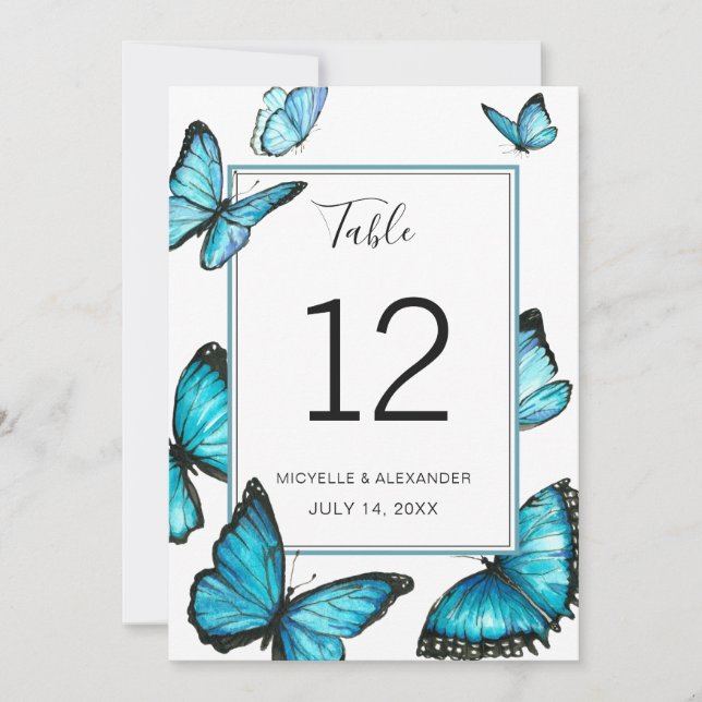 Blue watercolor butterflies Wedding Table Number (Front)