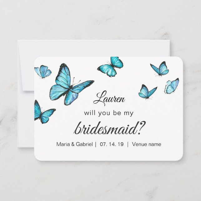 Blue watercolor butterflies Will You Be My Bride Invitation (Front)