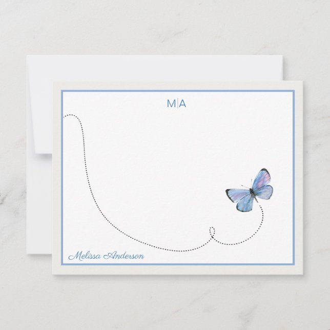 Blue Watercolor Butterfly in Flight Monogram Name Card (Front)
