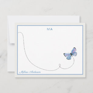 Blue Watercolor Butterfly in Flight Monogram Name Card
