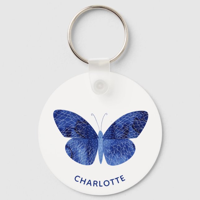 Blue Watercolor Butterfly Personalized Keychain (Front)
