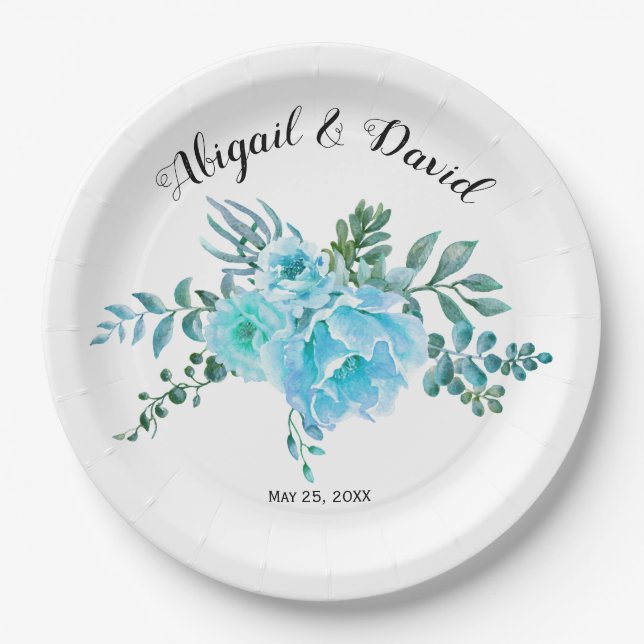 Blue watercolor cactus flowers, succulent wedding paper plate (Front)