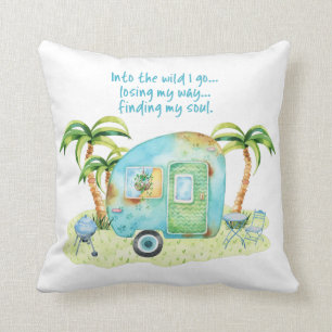 Blue Watercolor Camper Caravan - Finding My Soul Throw Pillow