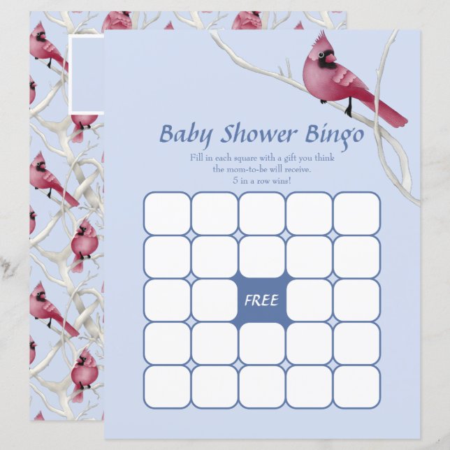 Blue Watercolor Cardinal Baby Shower Bingo Game (Front/Back)