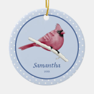 Blue Watercolor Cardinal Bird Personalized Name Ceramic Ornament