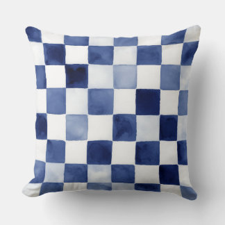 Blue Watercolor Checkered Decorative Throw Pillow 