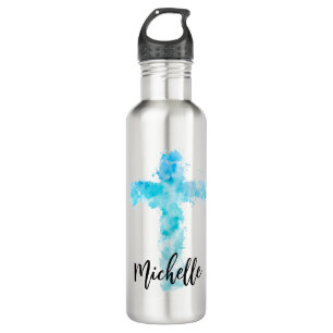 Blue Watercolor Christian Cross  710 Ml Water Bottle