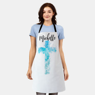 Blue Watercolor Christian Cross Apron