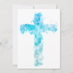 Blue Watercolor Christian Cross Holiday Card