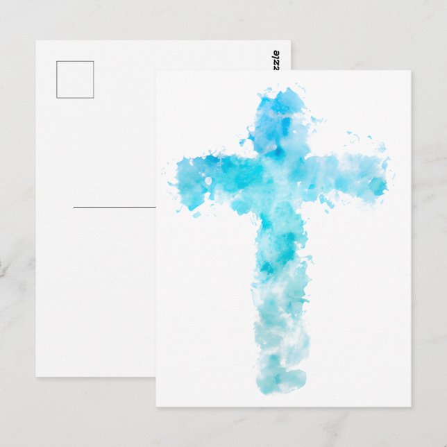Blue Watercolor Christian Cross Postcard (Front/Back)