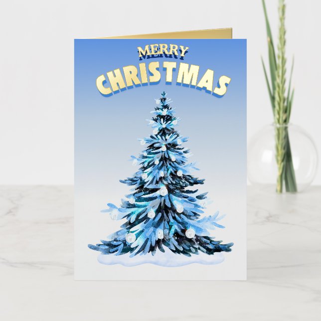 Blue Watercolor Christmas Folded Foil Holiday Card (Front)