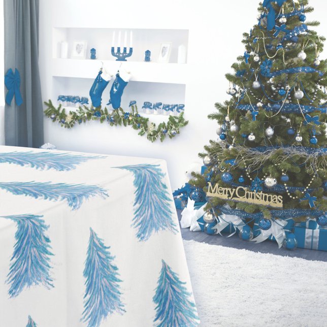 Blue Watercolor Christmas Tree Artistic  Tablecloth (Creator Uploaded)