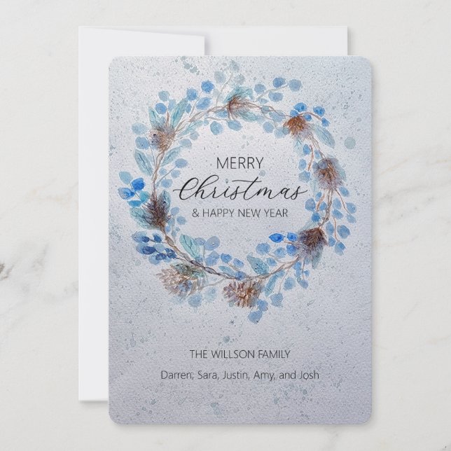 Blue Watercolor Christmas Wreath Holiday Card (Front)