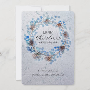 Blue Watercolor Christmas Wreath Holiday Card